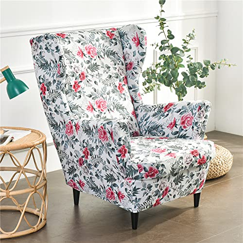 Highdi 2-Teilig Sesselbezug Ohrensessel Bezug mit Klassisch Blumen Muster Sesselüberwürfe, Elastisch Antirutsch Sesselhusse Husse für Ohrensessel, Fernsehsessel, Relaxsessel (Rosenblätter)