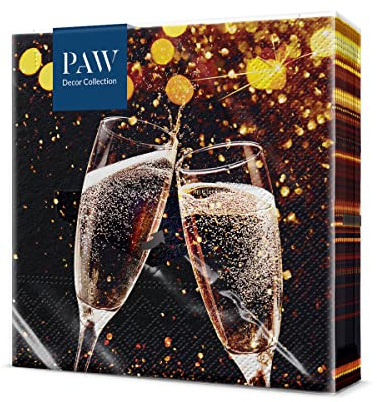 PAW - Servietten 3-lagig (33 x 33 cm) I 20 Stück I Perfekt für Geburtstage, Partys, Hochzeiten, Kommunion und Feiern I Papierservietten Bunt - Champagner, Gläser, Seifenblasen, Silvester I Sparks