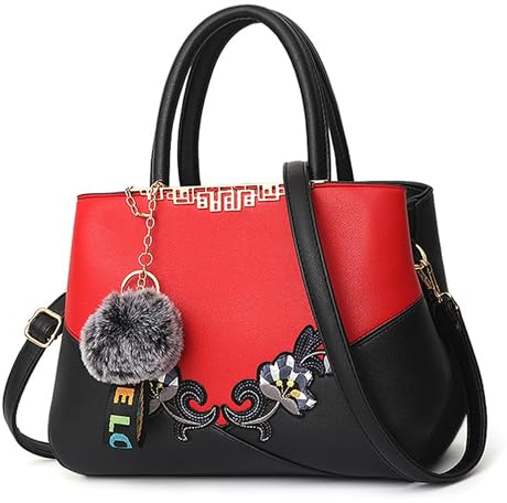 DORRISO Handtasche Damen, Elegante Schultertasche Umhängetasche Damen aus PU Leder, Große Damen Tasche mit Stickerei und Anhänger, Henkeltasche für Alltag, Arbeit, Shopping und Reise Rot B