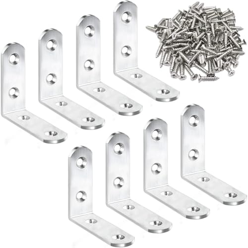 8 Pack L Bracket Corner Braces 2 Inch Stainless Steel Heavy Duty Shelf Bracket for Wood Shelves, Wall Hanging Support 90 Degree Joint Right Angle Brackets with Screws