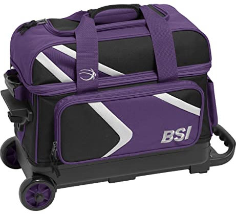 BSI Dash Bowlingtasche mit Doppelrollen, leichtgängigem Rollen, gepolstertem Ballfach, einziehbarem Verriegelungsgriff, Schuhtasche, Schwarz/Violett/Weiß