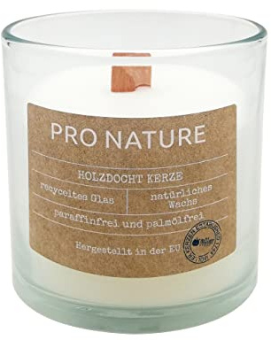 Müller Kerzen PRO NATURE Kerzen im Glas mit Holzdocht - Weiß Stearin Kerzen - 10 x 10 cm - 30 Stunden Brenndauer - Natürliche Wachs - Paraffin- und Palmölfrei Kerzenglas - Ohne Duft - 1 Stück