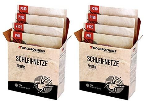 Toolbrothers SPIDER Schleifset Netz 150 mm 2 Packungen 80x Schleifnetze Klett je 20x P80 / P120 / P180 / P240 für Hartholz, Weichholz, Lack, Stein, Stahl, Aluminium, Furnier