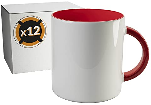PixColor – 12 tazas de sublimación de cerámica blanca con interior de color rojo | Caja individual neutra | 350ml (11oz) | Categoría AAA | Aptas para microondas y lavavajillas | Compatible con Cricut