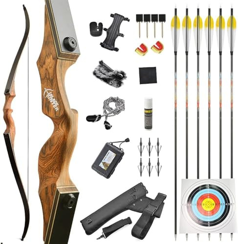 HNZMDY 60 Zoll Takedown Recurve Bogen und Pfeil Set 20-60LBS Wettbewerb Langbogen Jagdbogen Erwachsene Teens Bogen Rechts/Links Hand Bogenschießen Schießen Ziel Praxis