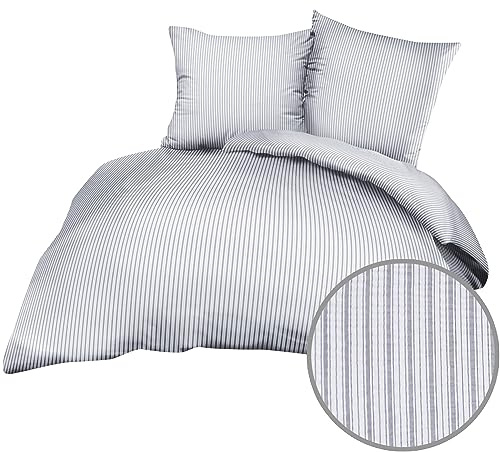2-teilige Seersucker Bettwäsche 135x200cm + 80x80cm gestreift (BS-Streifen) | Bügelfrei, Bettgarnitur aus 100% Baumwolle - Grau, Weiß Streifen - Reißverschluss