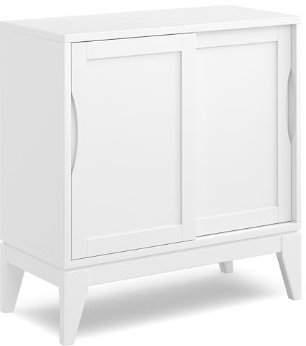 SIMPLIHOME Harper Storage Cabinet - 30 inch Wide Solid Hardwood 2-Shelf Low Console Cabinet in White, Mid-Century Modern Cupboard for Living Room with Sliding Doors and Adjustable Shelves