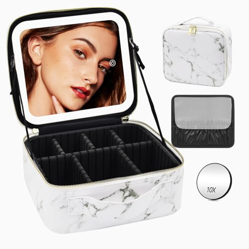 Reise-Makeup-Tasche Kosmetiktasche Make up Organizer Tasche mit großen beleuchteten Spiegel 3 Farbe Modi einstellbare Helligkeit, wasserdicht PU Leder Makeup Reisekoffer Makeup Zug Tasche