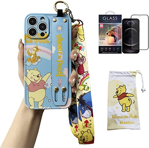 Hosiss Cartoon Case for iPhone 15 Pro Max 6.7'' with HD Screen Protector, Winnie Upgraded Wrist Strap Band Adjustable Lanyard TPU Shockproof Protective Phone Case for Women Girls