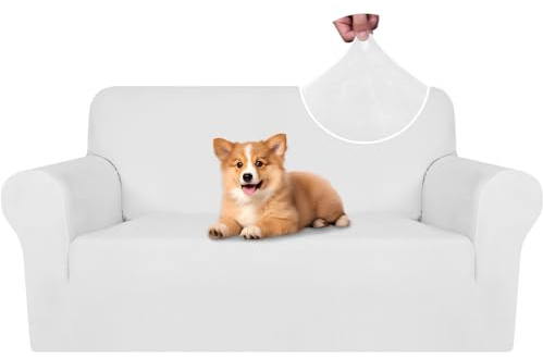 CYCMACO Samt Sofa Überzug 2 Sitzer, Sofabezug Elastische, Couch Überzug Haustier Katze Hunde, Universal Sofa Cover Moderne, Sofahusse Mit Armlehnen, Sofaschoner rutschfest, Weiß