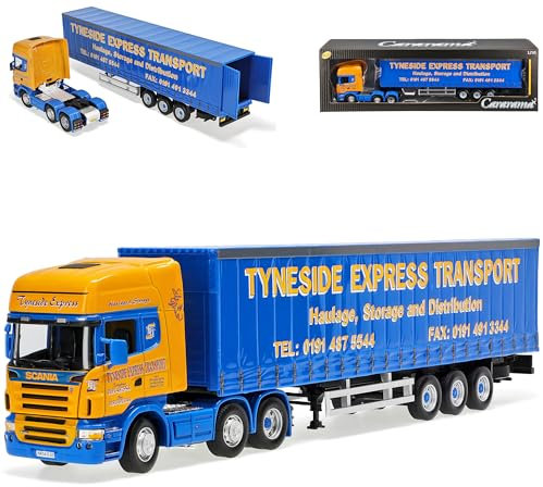 Cararama Scania R-Serie R620 Sattelzug Blau Gelb Tyneside Express LKW 1/50 Modell Auto mit individiuellem Wunschkennzeichen