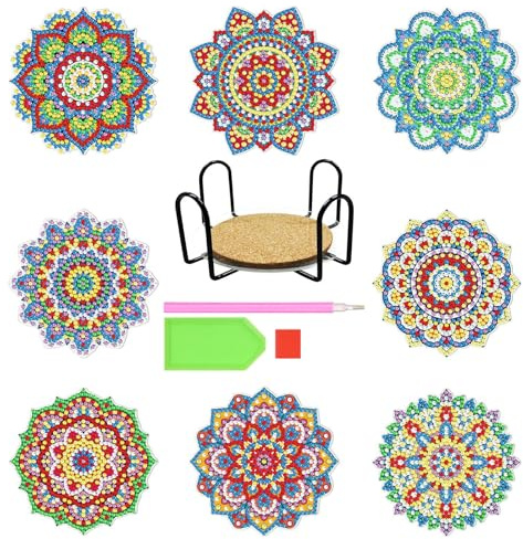 VireEyU DIY Dessous de Verre - Ensemble de 8, Absorbant en Liège et Céramique avec Porte-Verre en Métal, Motif Mandala pour Tasses, Vases, Bougies, Cadeau d'Inauguration pour Anniversaire,