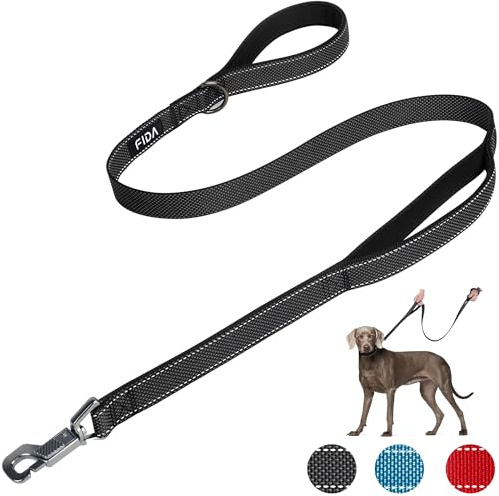 Fida Heavy Duty Dog Leads for Medium/Large Dogs, 1.2M / 4FT Traffic Handle & Advanced Hook for More Control, Reflective Dog Lead for Daily Walking & Training (Black)