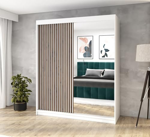 A&J MöbelLand Schwebetürenschrank MIT Kleiderschrank 120 cm mit Spiegel & Holzlamellen (Weiß)