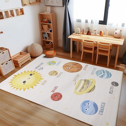 Carpetsale24 Kinderteppich Mehrfarbig 160x230 cm Planeten Muster Modern rutschfest Waschbar Pflegeleicht Extra Weich Antiallergen Babyteppich Kinderzimmer Jungen Mädchen