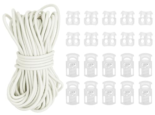 PATIKIL 15 Meter Gummiband mit 10 Stück Kordelstopper Einzelloch & 10 Stück Kordelklemme 2 Loch, Elastische Gummischnur 3mm Elastische Gummiseil für Kordelzug Rucksack, Beige