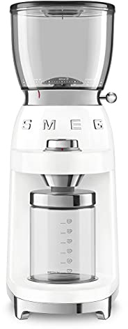 Smeg Coffee Grinder, Aluminium Construction, 50's Retro Style, 8 Programme Settings and 3 Grinding Grades, White CGF11WHUK