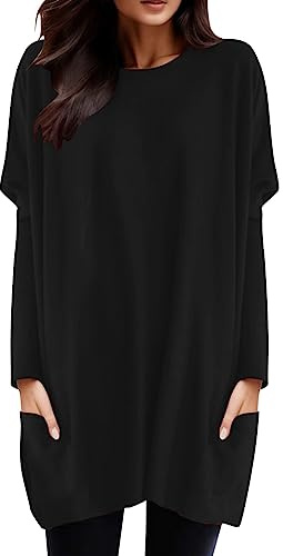 Tunique Long Femme Grande Taille, Tee Shirt Manche Longue Col Rond-Haut avec Poche DéContractéS Couleur Unie Tops Chic Et éLéGant pour Femmes Classique Basique Chemise Ample Mode Blouse