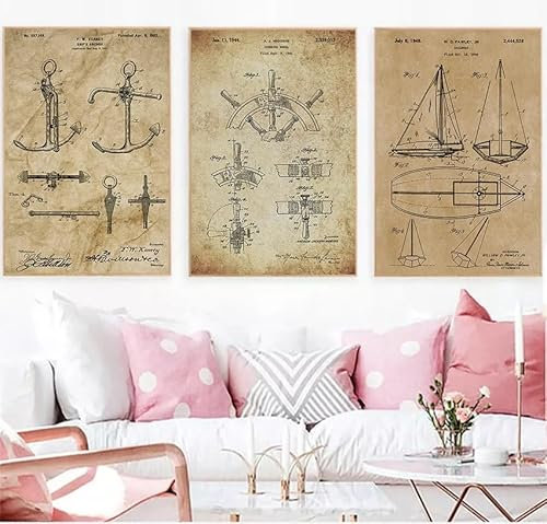 JIANGSHANDAIYOUCAIREN Yacht Anker Schiff Rad Segeln Blueprint Wall Art Leinwand Malerei Segelboot Patent Print Vintage Poster Segler Geschenke Home Decor Kein Rahmen-C_50x70cmX3