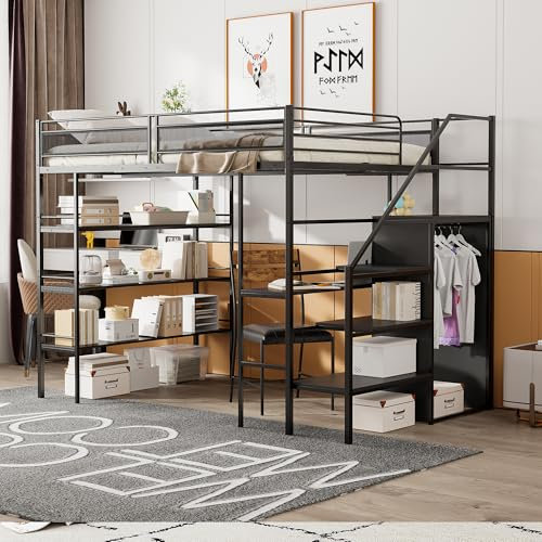 AYOROF Hochbett, dreilagiges Ablageregal, Schreibtisch, Kleiderschrank, Sicherheitsstufen mit Ablagefach, hohes Zaundesign, Eisenbett, Einzelbett (Schwarz, 140 x 200 cm)