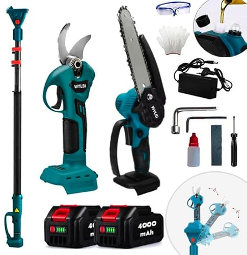 Forbice da Potatura a Batteria, Motosega 6 con Pompa Olio + Asta Telescopica 128–248cm, Kit 3 in 1 con Doppia Batteria, Cesoie Elettriche per Giardino, Occhiali e Guanti Inclusi