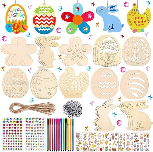 SZ Lucky Sheeps 324Pcs Ostern Basteln Kinder, Holzanhänger Ostern Zum Bemalen, Ostern Holz Bemalen, Basteln Ostern Kinder, mit Holzanhänger Aquarellstift Strass Auge Seil Aufkleber (Gelb B)