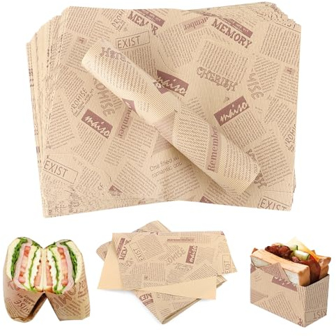 100 Piezas Papel Encerado para Alimentos,Papel de Horno Reutilizable, Estilo Retro de Periódico Antiguo,para Alimentos, Queso, Sándwiches, Panes, Papas Fritas,Hamburguesas, Pasteles
