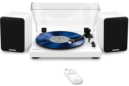 Mixx Analog System 5 Hi-Fi Vinyl Record Player Bundle | 50W RMS Speakers | Built-in Bluetooth Turntable | RCA, Optical & Bluetooth Connectivity | AT-3600L- Cartridge | Black/White