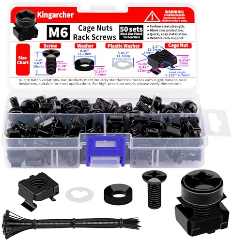 50-Pack M6 x 16mm Rack Mount Cage Nuts, Screws, and Washers – Server Rack Screws and Cage Nuts for Square-Hole Network Racks, Cabinets, and Shelves – Includes Cable Ties