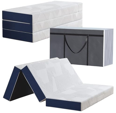 Hiimgo Faltmatratze 90 x 200 x 15 cm, 4-teilig Klappbar - Faltbare Klappmatratze mit abnehmbarem Bezug, Gästematratze für Reisen Camping Gästebett (Weiß & Blau)