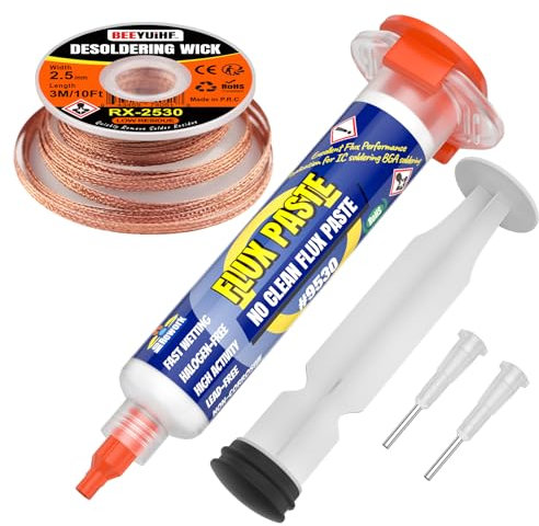 BEEYUIHF Kolophonium Lötpasten Flussmittel (10cc Spritze) mit Entlötdraht (3M/10ft 2.5mm) für Elektronik Löten Reparaturen Kit