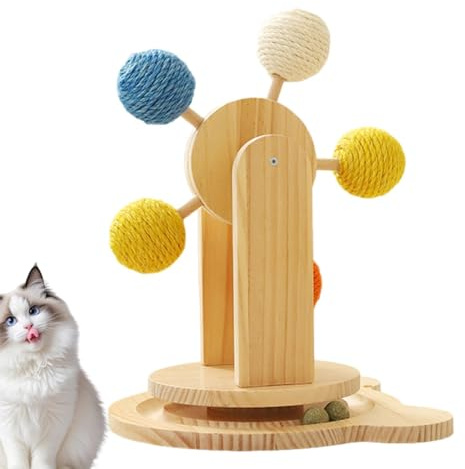 Sghtil Scratch de gato interactivo, tocadiscos para arañar gato,Post de arañazos de madera de gatito giratorio - PEAT CATNIP EJERCICIO PET con 5 bolas de sisal Alquiler garra para el juego activo