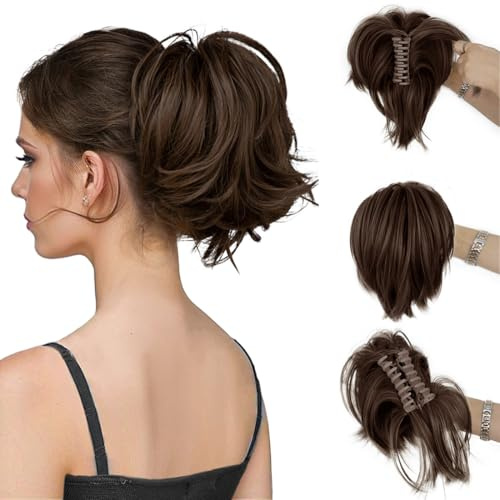 AOWVUTS Pferdeschwanz mit Klammer Kurze Lockiger Pferdeschwanz Clip in Klaue Haarverlängerung Natürlich Synthetisches Haarteil Gerade Verlängerung Zopf Ponytail Extension für Frauen Damen