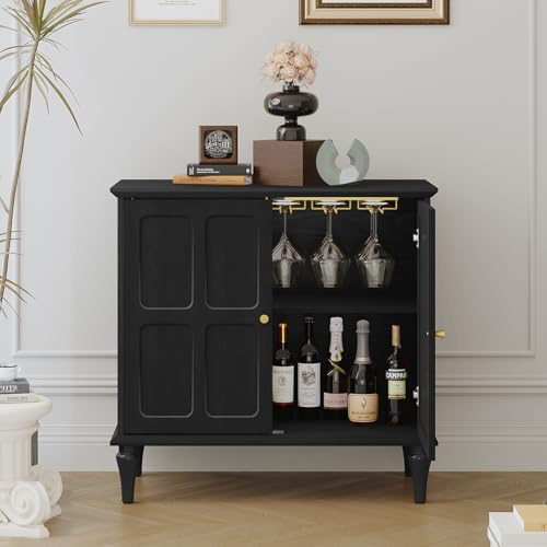 Sideboard with 2 Doors, Drinks Cabinet with Wine Glass Racks, Mid-Century Wooden Accent Cabinet, Modern Brown Sideboards for Living Room, Dining Room, Kitchen, Hallway