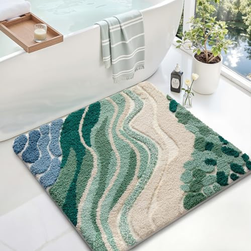 LUMI Beach Bathroom Rug Square, Non Slip Bath Mat Quick Dry, Ultra Soft Washable Absorbent, Ocean Sea Theme Bath Rug for Shower Floor, Home Decor, Kids Room, Bathtub, 32x32