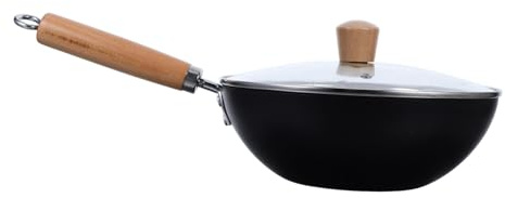 Luxshiny Mini Järngryta Wok Wok Med Lock Liten Pannkakspanna Wokpanna Med Handtag Hemma Wokpanna Stekpanna För Hemmet Liten Stekpanna Wokröra Panna Äggstekpanna Järnpanna Trä Svart