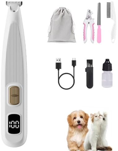 Hundepfotentrimmer, Typ-C Wiederaufladbarer Pfotentrimmer für Hund Katze mit LED-Licht, geräuscharmer Fellpflege-Haarschneider für Pfoten, Augen, Ohren, Gesichtsrumpf, Weiß, 1 Packung