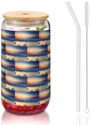 YBGHDAA Sunset View On The Beach Shore - 1 vaso con tapas y popote, vasos de vidrio de 16 onzas, ideal para whisky, cerveza, té