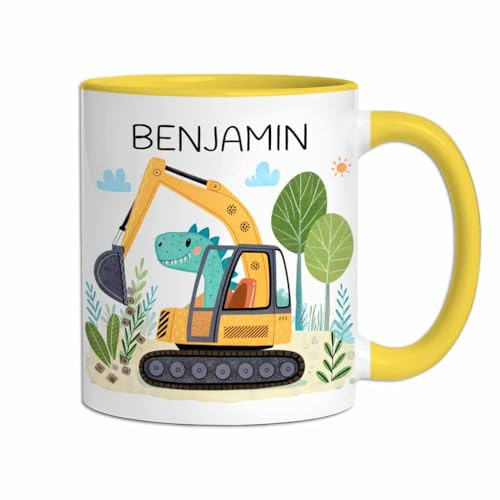 Personalisierte Kindertasse aus Keramik mit Namen | Tasse mit Bagger, Traktor, Feuerwehr als Geschenk für Jungen zu Geburtstag, Weihnachten