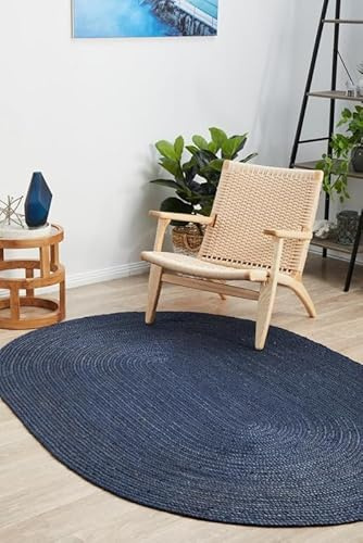 DANGAYACH ART Alfombra ovalada de yute azul marino de 2 x 3 pies, tejida a mano, diseños únicos, estilo bohemio de granja, duradera y apta para mascotas, para sala de estar, comedor y dormitorio