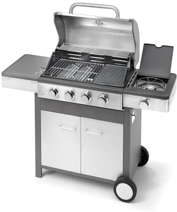 Barbecue a Gas Professionale da Giardino in Acciaio Inox con Fornello Laterale, Termometro, Griglia Ghisa Smaltata, Carrello con Armadietto (4 bruciatori(P 58 x L 133 cm x H 115,5 cm))