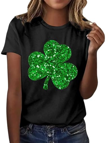 St. Patrick's Kleeblatt Glitzer Oberteile T-Shirt Damen Pailletten Patricks Kleidung Grünes Tops Casual Shirt Lässiges Outfit Party Festliche Pullover Karneval Kostüm Irische Geschenke #0121B