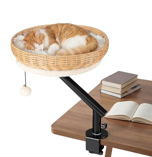 FANTASK Katzenbett für Schreibtisch, 360° drehbar Katzenkorb mit abnehmbarem Plüschkissen & Hängeball, Katzenbettständer aus PE-Rattan, Katzen Schreibtischbett ohne Bohren
