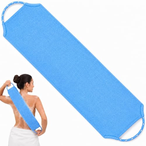 Back Scrubber for Shower, Double Sided Exfoliating Back Exfoliator with Handles, Stretchable Long Body Washcloth for Men Women, Deep Cleansing Exfoliating Shower Towel (Light Blue)