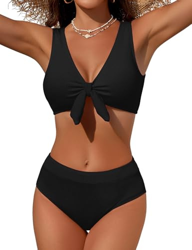 Vijamiy Bikini dam set mage väg hög midja tvådelad sexig push-up bikini snörning design tonåring baddräkt form curvy bikini tyg med struktur, svart, L