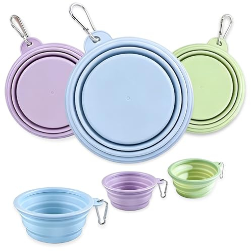 Faltbare Hundenäpfe 3 Stück, Silikon Reisenapf für Hunde & Katzen, Camping | 1x 1000 ml, 2x 350 ml, mit Karabinerhaken. Fress‑ und Wassernapf in Macaron‑Farben für Spaziergänge, Camping und Wandern