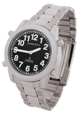 Marschall Deutsch sprechende Herren Armbanduhr I 1136s I Funkarmbanduhr I Für Blinde, Senioren und Sehbehinderte I Datum- und Zeitansage I Extra große Zeiger I Metallgliederband