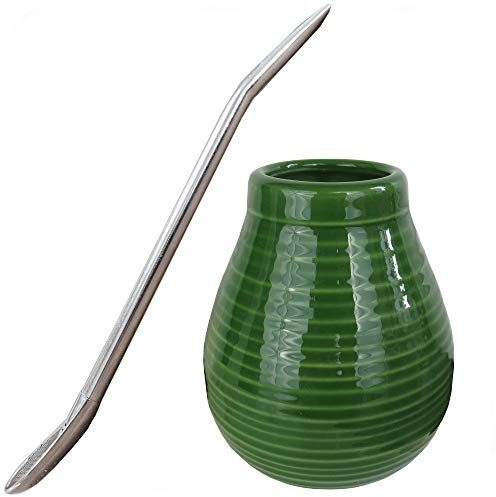 Gaucho Bruno Tazza di Ceramica Yerba Mate con Cannuccia Riutilizzabile di Acciaio Inox – Anti Derapante e Facile da Pulire - Kit da Viaggio o Uso a Casa –400ml - Verde