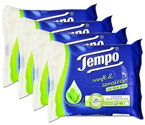 Tempo sanft und sensitiv feuchte Toilettentücher (mit natürlicher Aloe Vera) 4 x 42 Tücher (168 Tücher)