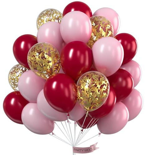 Weinrot Rosa Luftballons, 70 Stück Luftballons Weinrot, Bordeaux Ballon, Luftballons Burgunder, Luftballons Rosa und Gold Konfetti Luftballons, Luftballon Rose Weinrot für Taufe Mädchen